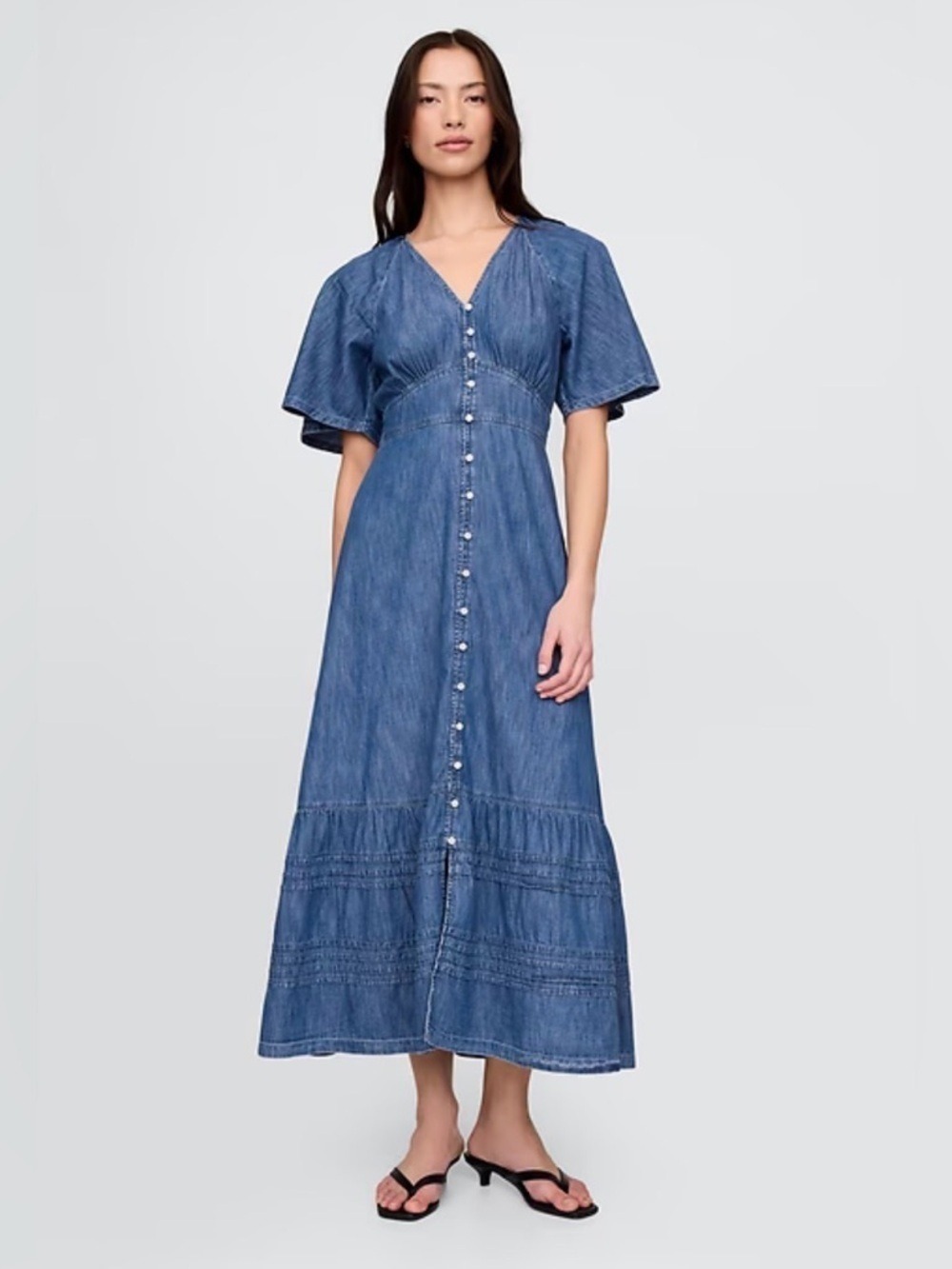 Gap Flutter-Sleeve Denim Chambray Tiered Maxi Dress XXS Coastal Beach Pintucks